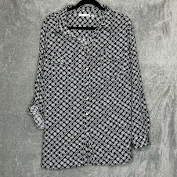 Notations Tops - Notations 3X Top Shirt Black Geometric Button Up Tab Long Sleeve V Neck Stretch